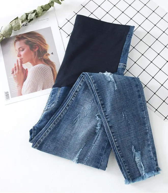 

Length Ripped Hole Stretch Denim Maternity Jeans Summer Fashion Belly Pencil Trousers for Pregnant Women Pregnancy