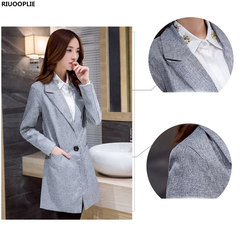 RIUOOPLIE женские длинные блейзеры Повседневные с длинными рукавами Feminino Longo куртки женские на одной пуговице Серый Блейзер Плюс Размер