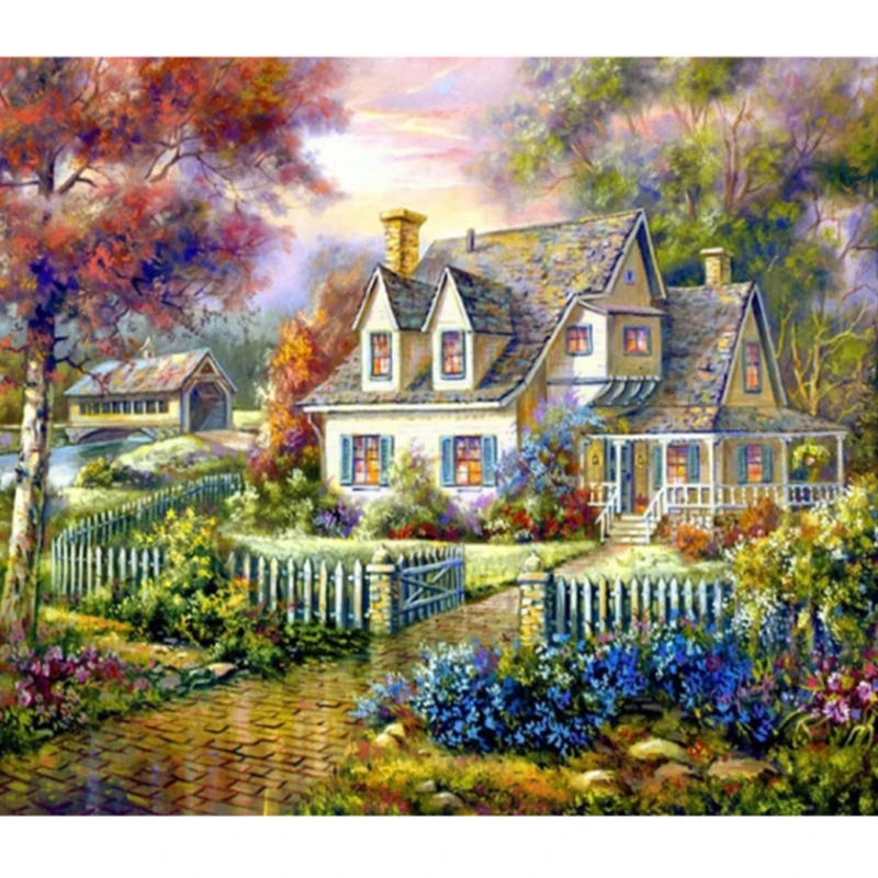 Рисунок виллы полный алмазов круглый 5D рукоделие Алмазная вышивка деревня