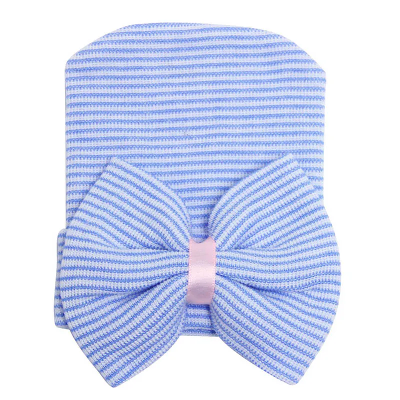 blue white stripe Зима весна бантом детская шапка в полоску для маленьких девочек шапочка для больницы теплая вязаная детская шапочка шапка реквизит для фотографии новорожденных капот Enfant - Цвет: blue white stripe