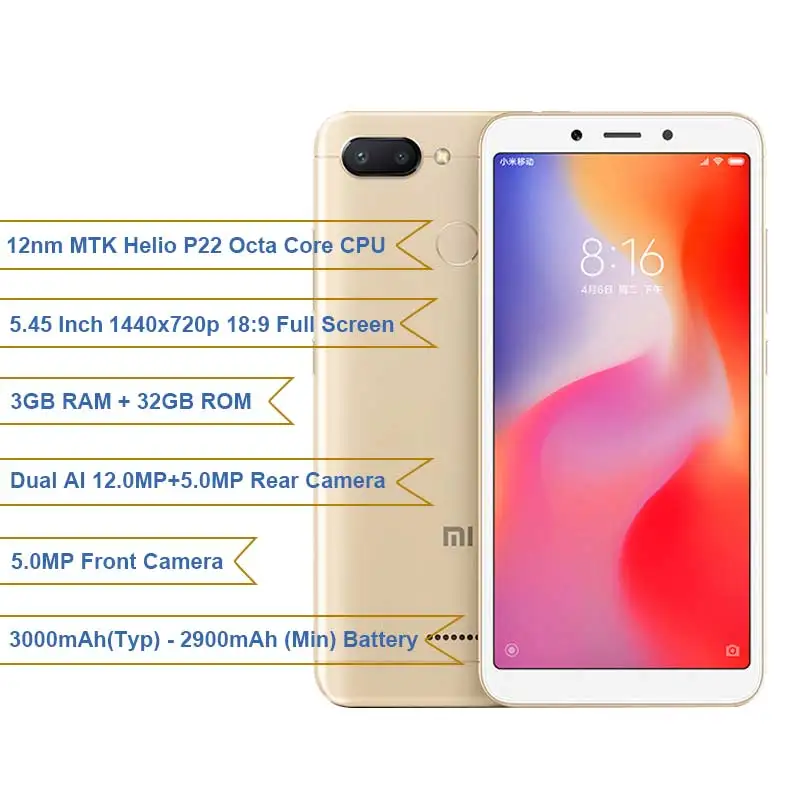 Глобальная версия Xiaomi Redmi 6 3 ГБ 32 5 45 дюймов 18:9 полноэкранный MTK Helio P22 Восьмиядерный