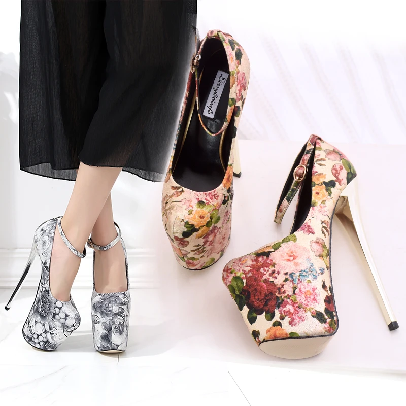 LLXF zapatos/Большие размеры: 34-45, 46, 47, весенние пикантные туфли на тонком высоком каблуке 20 см женские туфли-лодочки на шпильке в этническом стиле ретро с ремешком на щиколотке