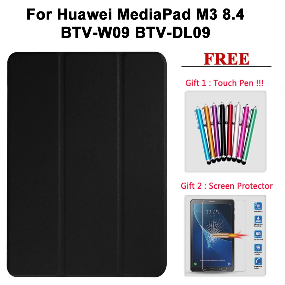 Защита экрана стекло+ чехол для huawei MediaPad M2 8,0/Медиа Pad M3 8,4/M3 Lite 8,0/M3 Lite 10,1 PU кожаный чехол - Цвет: M3 8.4 hei