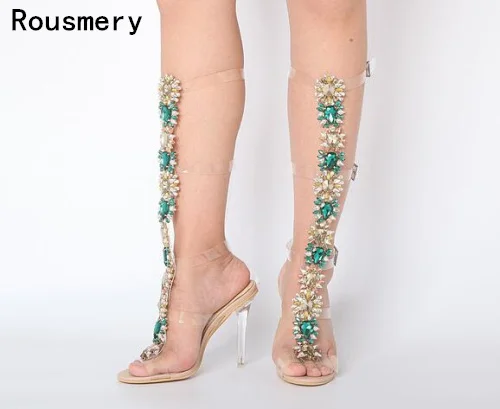 Новые модные женские туфли зеленый кристалл алмаза из прозрачного ПВХ шпильки с