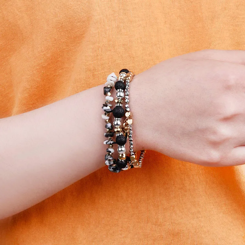 3 шт./компл. женские браслеты Серебристые пластиковые бусины черный Лава Рок