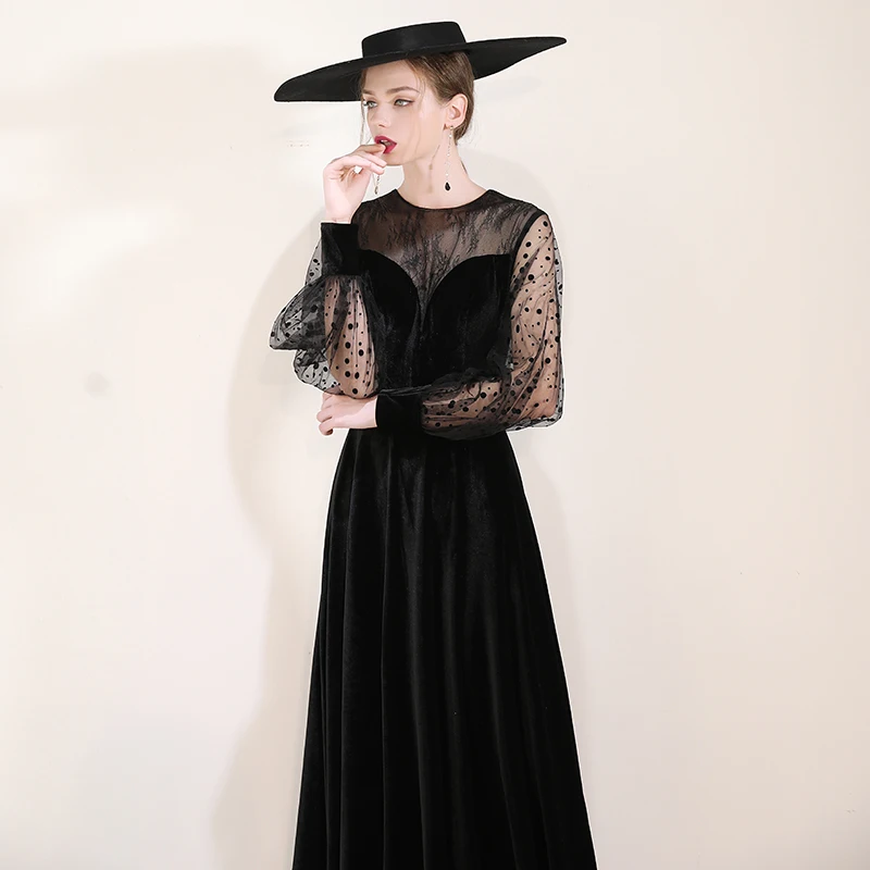 SSYFashion, новое винтажное черное платье, элегантное, длинный рукав, кружево, велюр, длина до пола, официальное, вечернее платье, платья для особых случаев