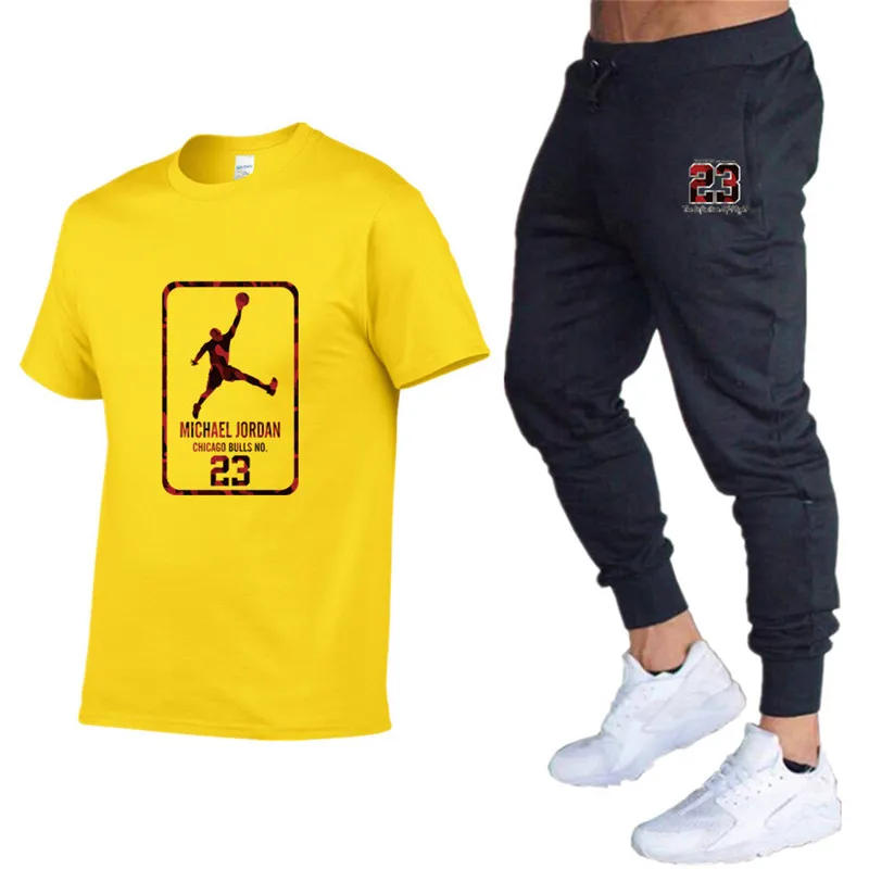 Качественные Брендовые мужские комплекты Jordan 23 футболки+ брюки Мужская брендовая одежда костюм из двух предметов спортивный костюм футболки спортивные залы тренировка набор для фитнеса
