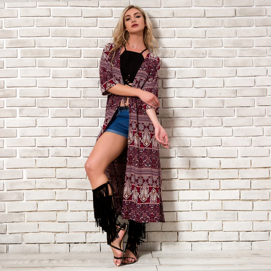 Праздник Boho шифон кимоно кардиган Для женщин новые летние 2018 Половина рукава