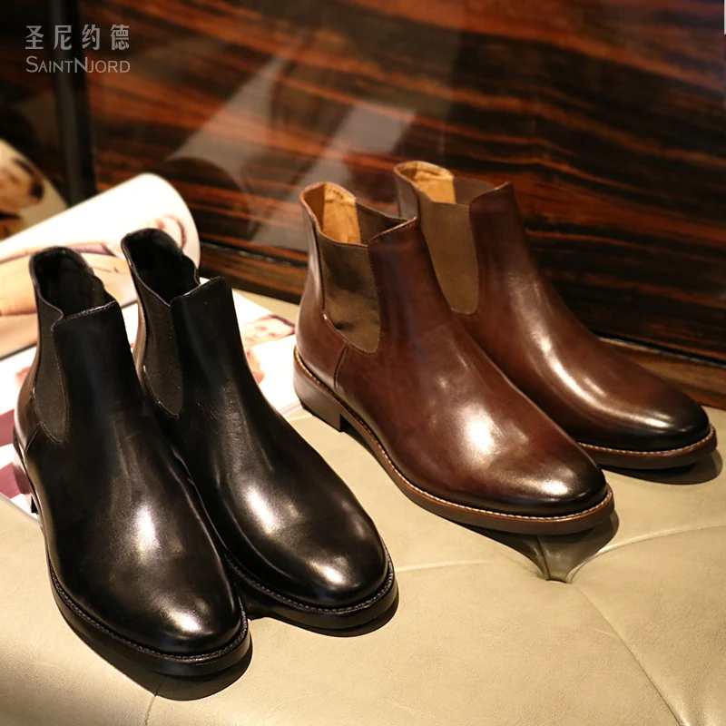 

Autumn winter Italian men's genuine leather ankle booties British men's Chelsea short boots Brown/black slip on boot shoes men