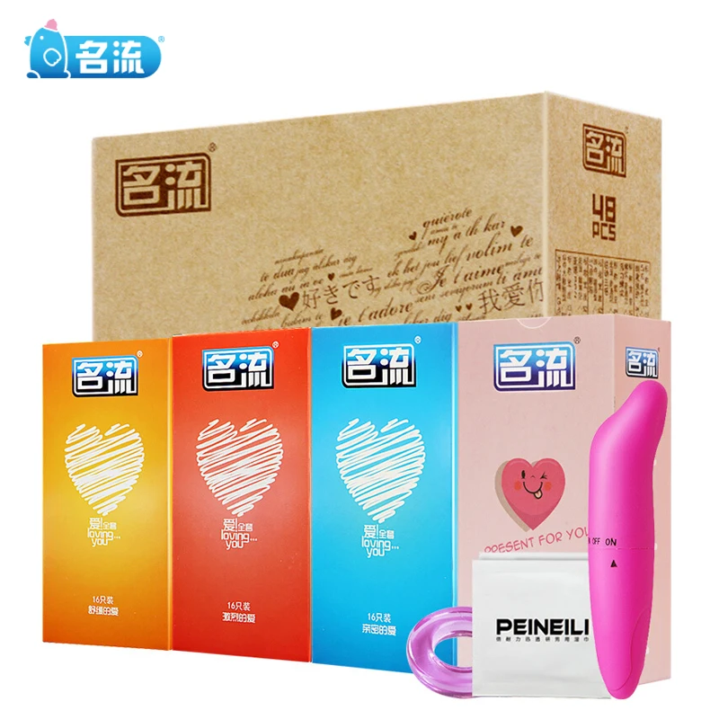 Mingliu 48pcs Condoms Kit Ultra Thin Lubricating Condones With Mini Dolphin Vibrator + Penis Ring + PEINEILI Delayed Spray Wipes