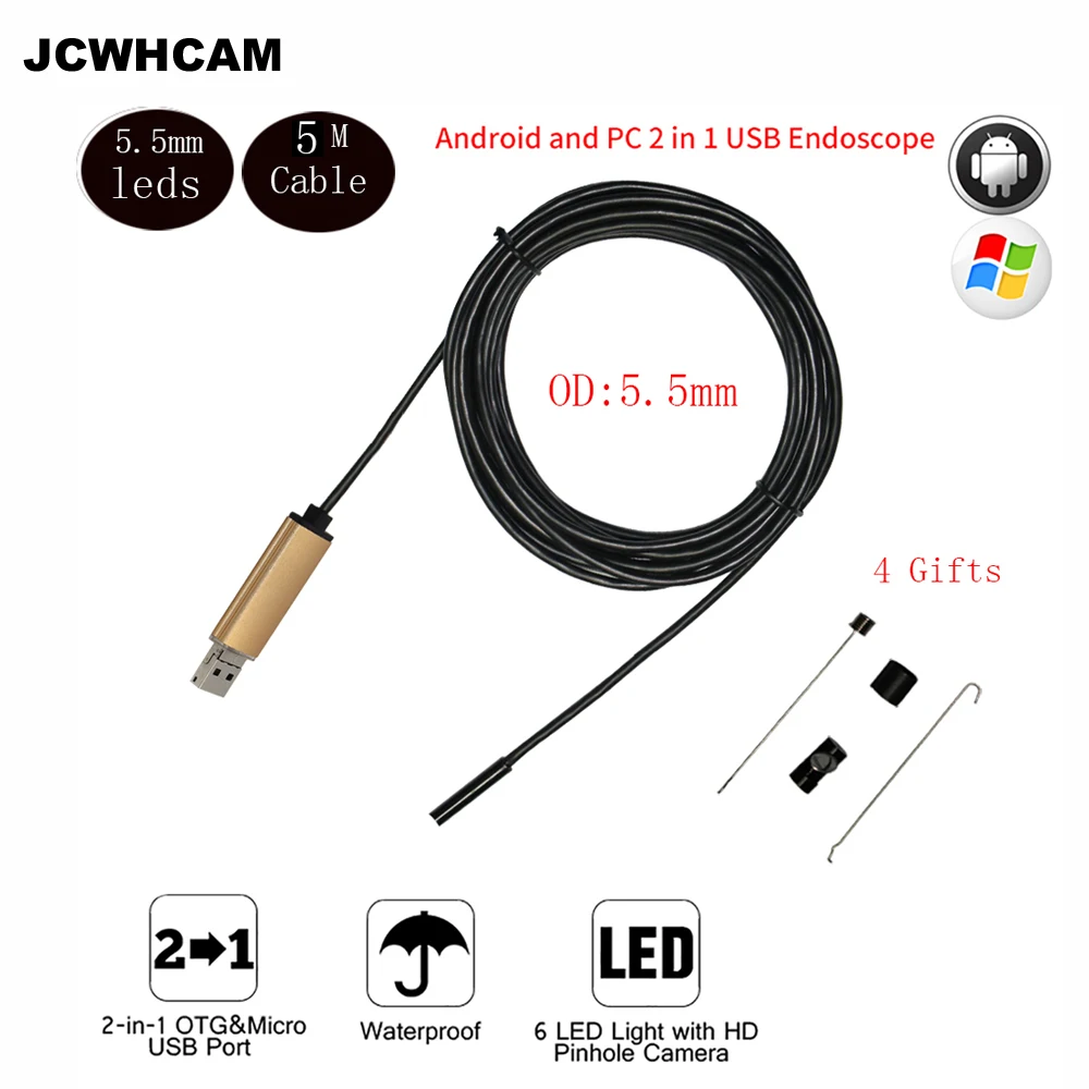 

JCWHCAM 5M Waterproof Endoscope Mini HD Camera Snake Tube 5.5mm Lens Cable USB Inspection with LED Borescopefor Android Phone PC