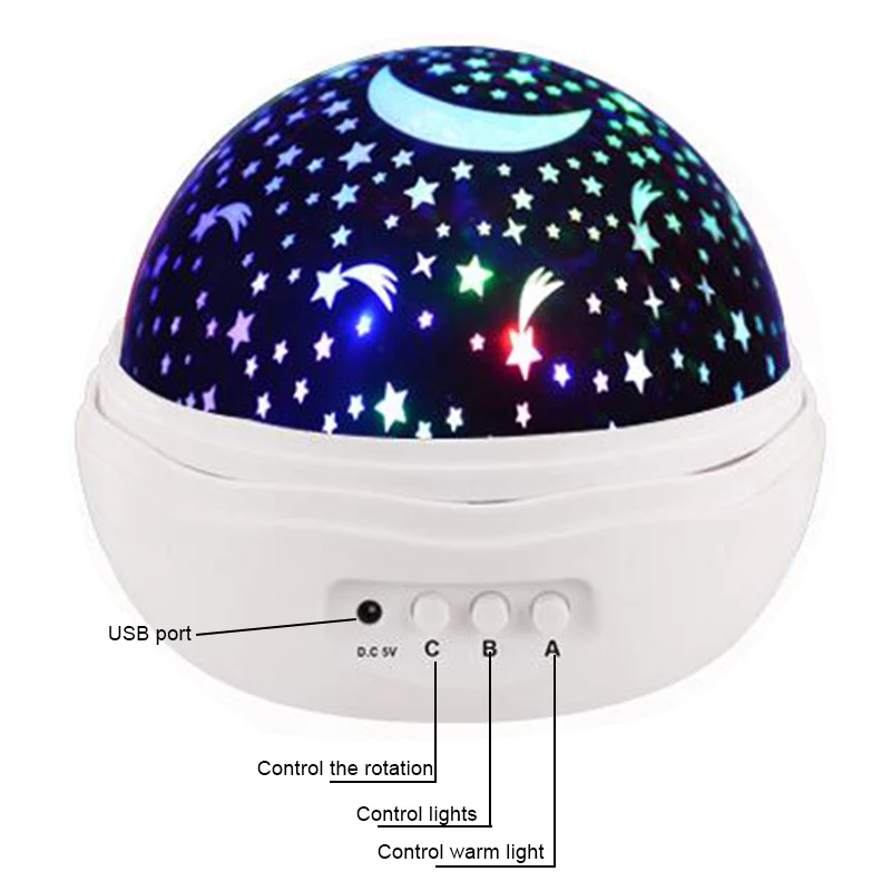 Проекционный Ночной светильник с кнопкой управления цветной Вращающийся