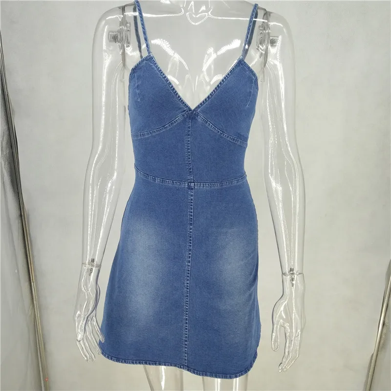 Сексуальное винтажное джинсовое платье на бретельках с v-образным вырезом
