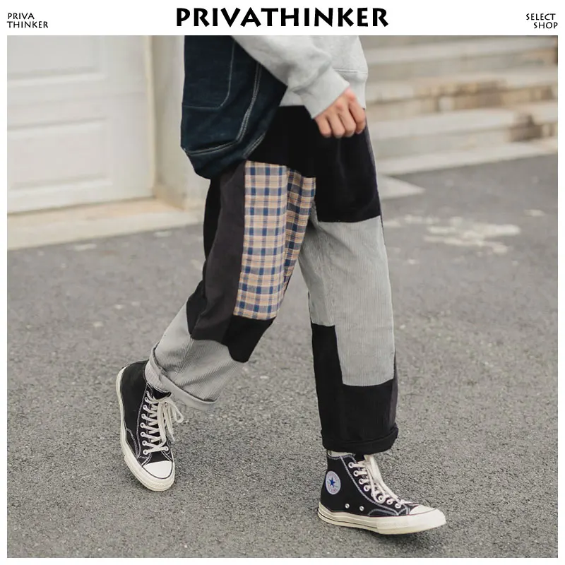 Privathinker для мужчин вельвет лоскутное прямые брюки девочек 2018 s Harajuku зима треники