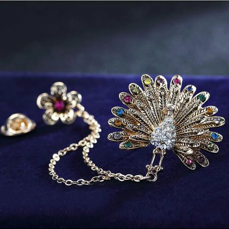 Ретро Стразы Цветок гордый Павлин Двойная Цепочка для женщин ярлык