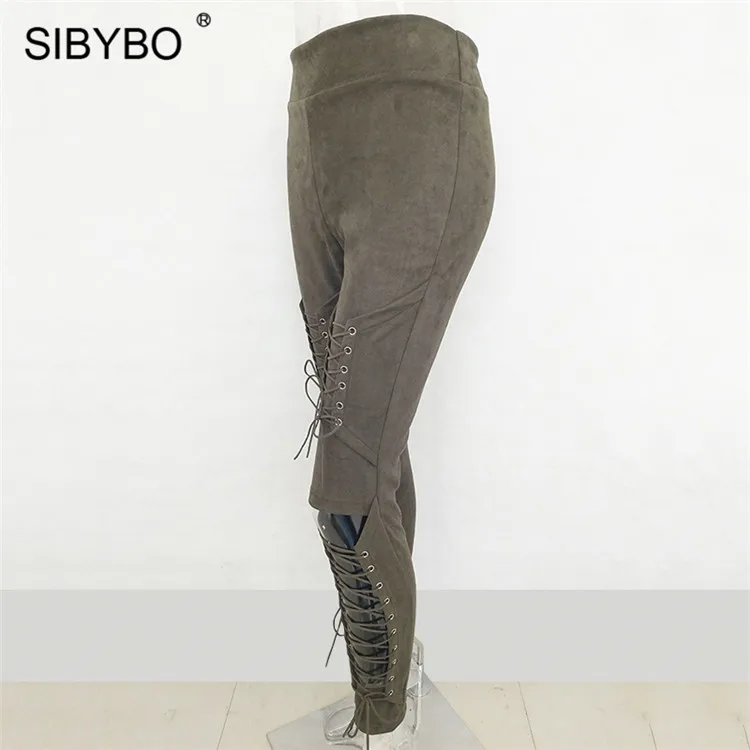 Sibybo, женские замшевые брюки на шнуровке, Осенние, новые, открытые, обтягивающие, сексуальные брюки, женские, бандажные, длинные, повседневные, женские брюки