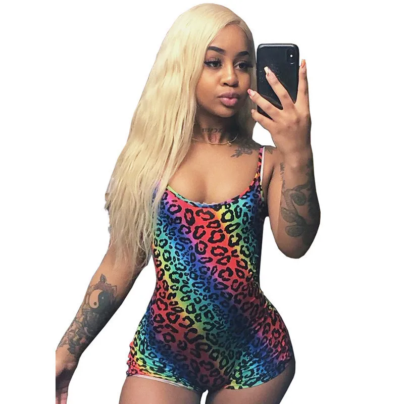 Комбинезон женский с цветным леопардовым принтом пикантный облегающий пляжный