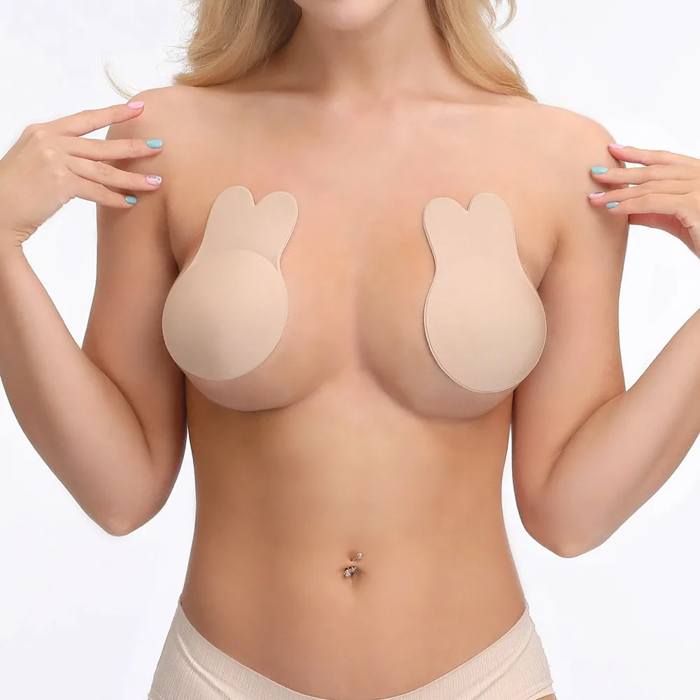 

1 пара, Женский самоклеющийся бюстгальтер пуш-ап с лепестками груди, укороченный топ, Силиконовая накладка на соски, Женский невидимый бюстгальтер без бретелек с кроликом