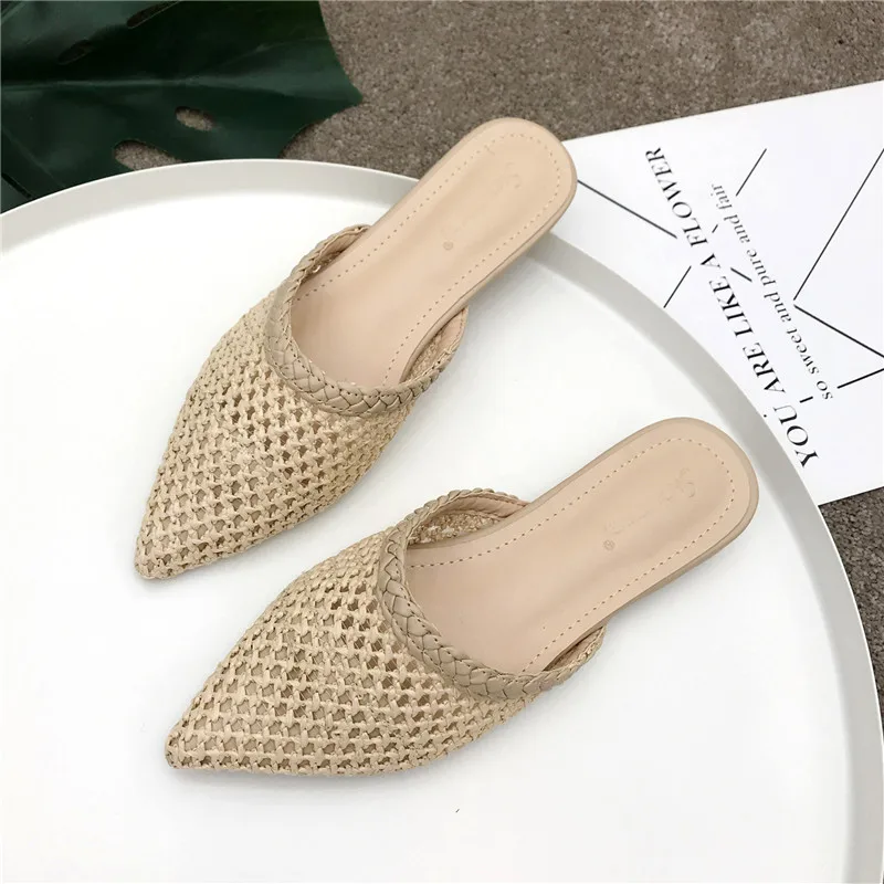

Women Slippers Summer Shoes Cane Hollow Soft Outside Slides Sandals Slippers Beach Shoes Flats Low Heeled Black Beige Brown