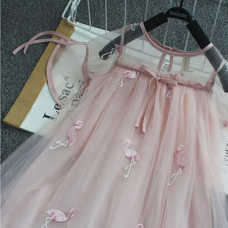 Girls Dresses 2020 Summer New Children's Wear Sweet Belt Flamingo Mesh Yarn Foreign Princess Fluffy Dress | Детская одежда и