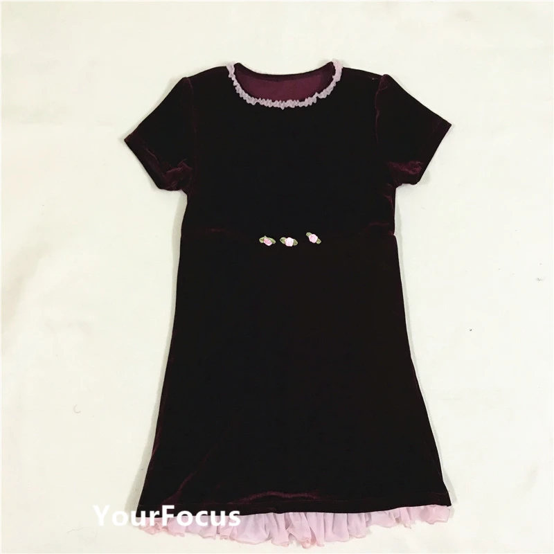 Robe femme ete ретро kawaii цветочное красное бархатное кружевное платье с коротким рукавом женское платье