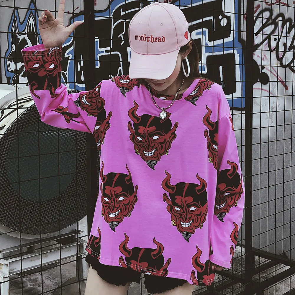 Harajuku футболка женская с принтом демона длинным рукавом o образным вырезом