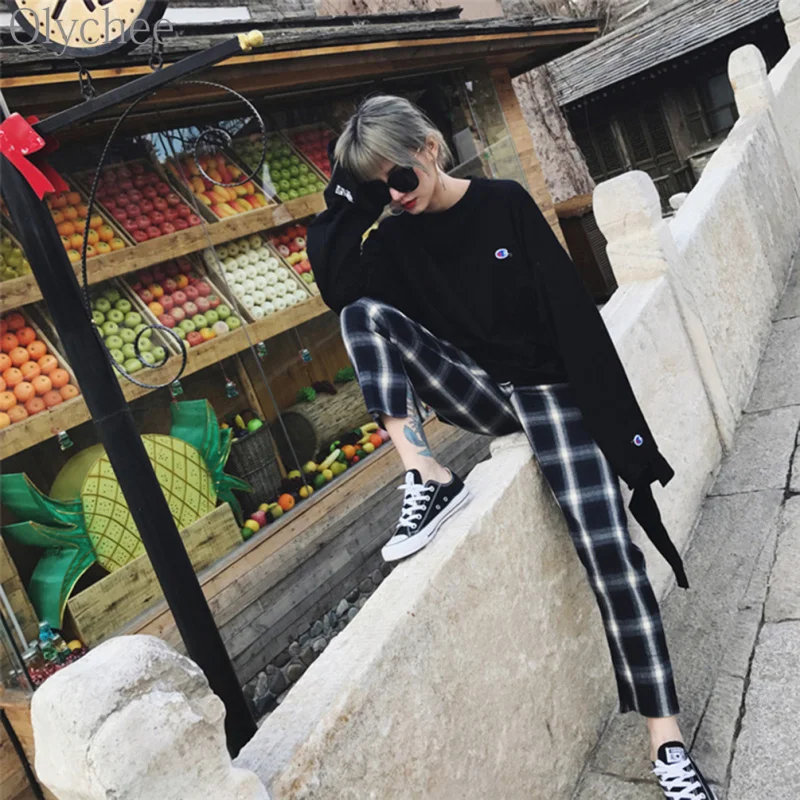 Qlychee Ulzzang консервативный стиль Harajuku женские брюки с боковыми разрезами кольцо