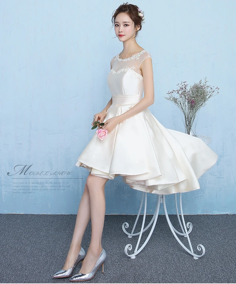 Vestidos de boda invitada, новинка, кружевное атласное платье с кристаллами, цвета шампанского, серебряное, на высоком и низком каблуке, платье подружки невесты, длина до колена