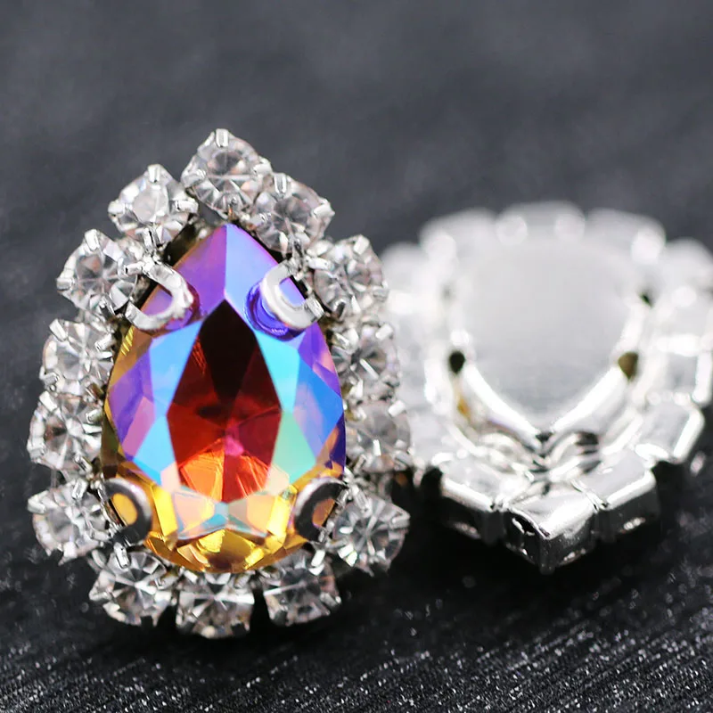 7x10mm glass rhinestones teardrop sew on Sliver base crystal button Smoke yellow crystals diy nail art accessories | Дом и сад
