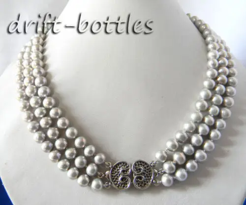 

AA 3Strands 18'' 9MM Gray Round Freshwater Pearl Silver Necklace