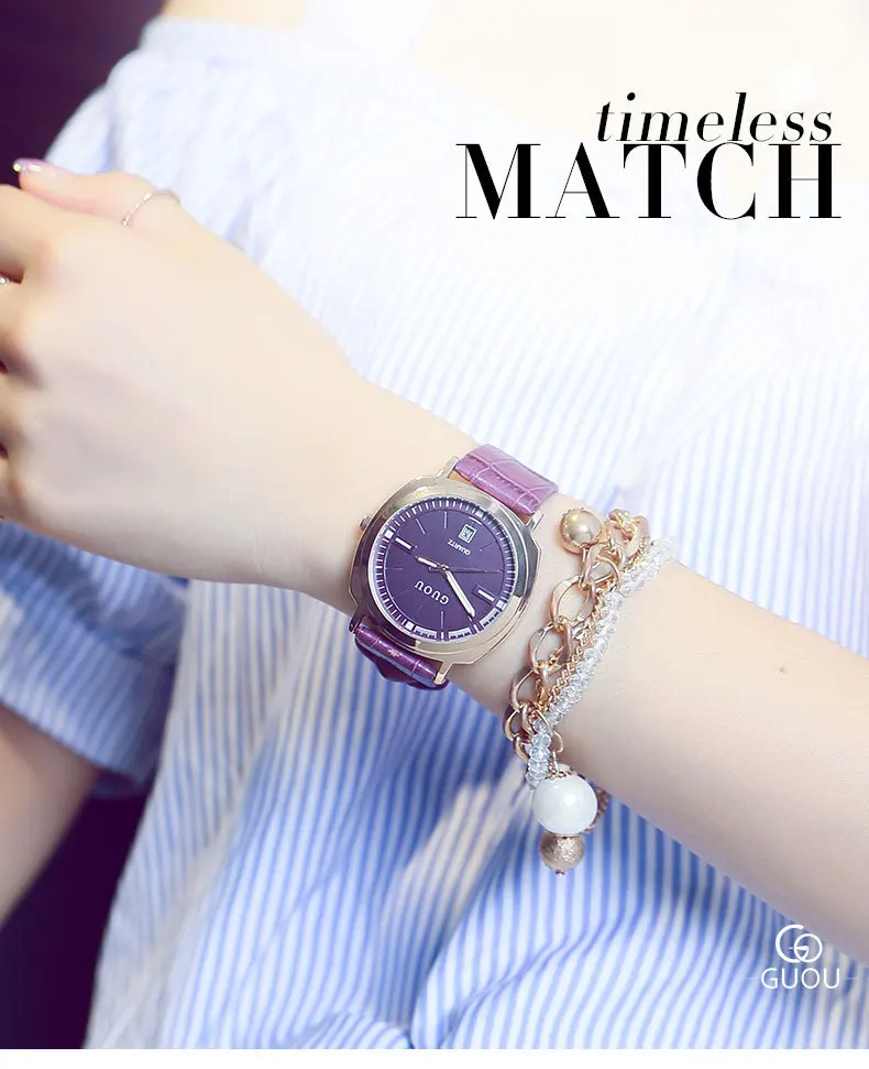 Женские Кварцевые Часы GUOU ударопрочные из кожи аналоговые черные белые 8813 1