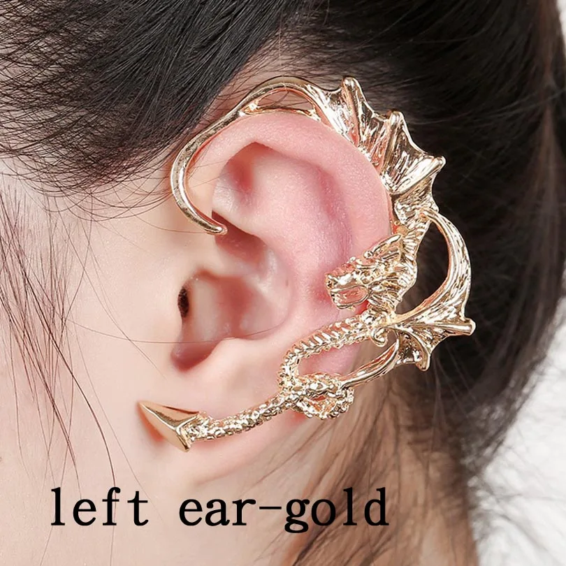 left ear gold Женские серьги,, китайский дракон, запонки для ушей, в стиле панк, загнутые серьги, унисекс, вечерние ювелирные изделия, аксессуары, клипсы, серьги - Окраска металла: left ear gold