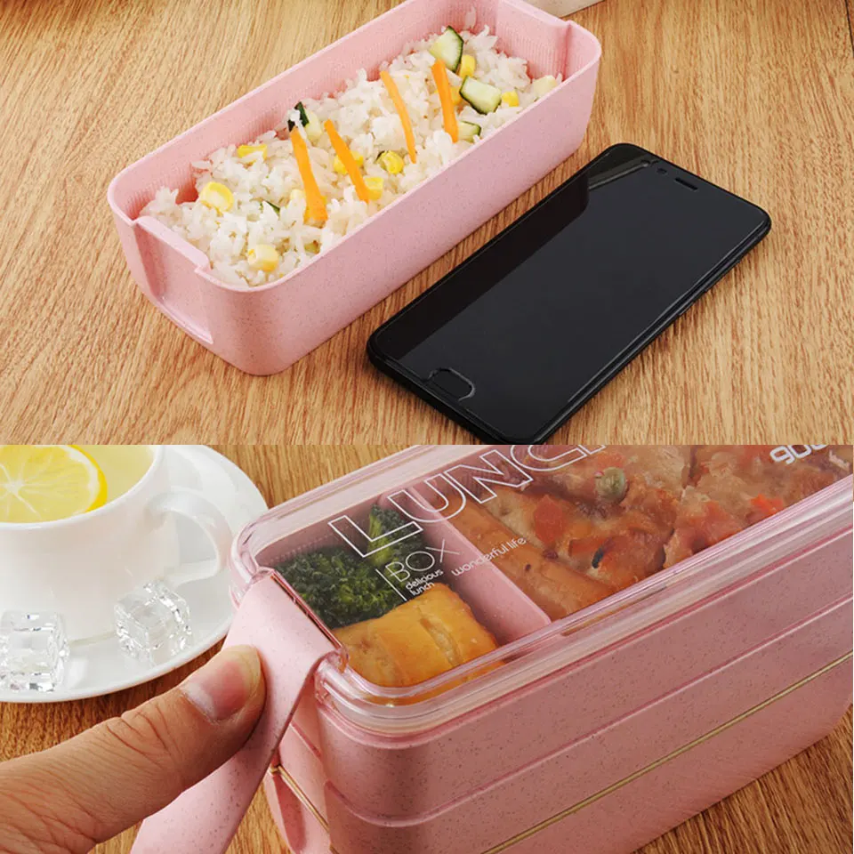 900 мл 3 слоя Bento Box экологически чистый Ланч-бокс пищевой контейнер из пшеничной