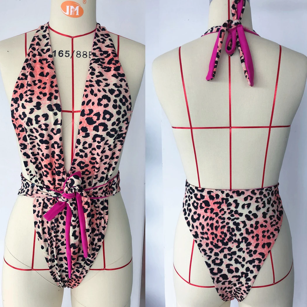 

Hirigin Sexy Halter Swimwear 2019 New Women One Piece Swimsuit Leopard Deep V Push Up Women Bathing Suit Beachwear High Wasit
