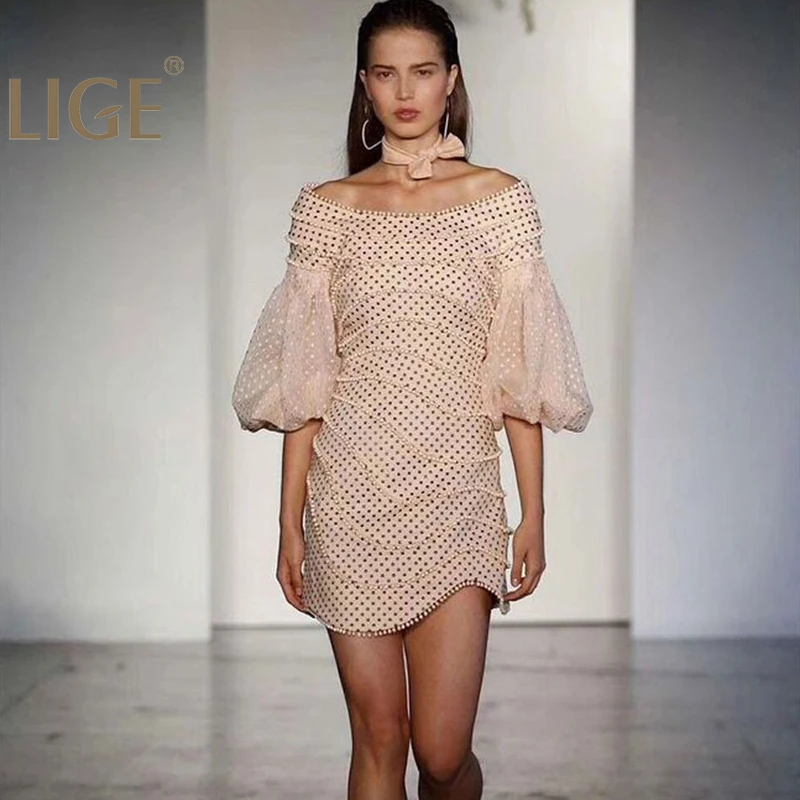 Высококачественное летнее женское мини-платье с вырезом лодочкой и розовым