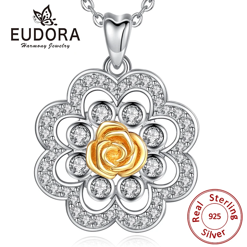 EUDORA Unique 925 Sterling Silver Cubic Zirconia Gold Rose Flower Pendant Necklace For Women Fine Sliver Jewelry Gift CYD330 | Украшения и