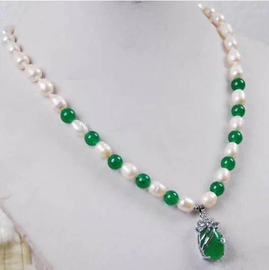 fine jewelry 6-7mm White Akoya Cultured Pearl/Green Jade Gemstones pendant necklace drop shipping | Украшения и аксессуары