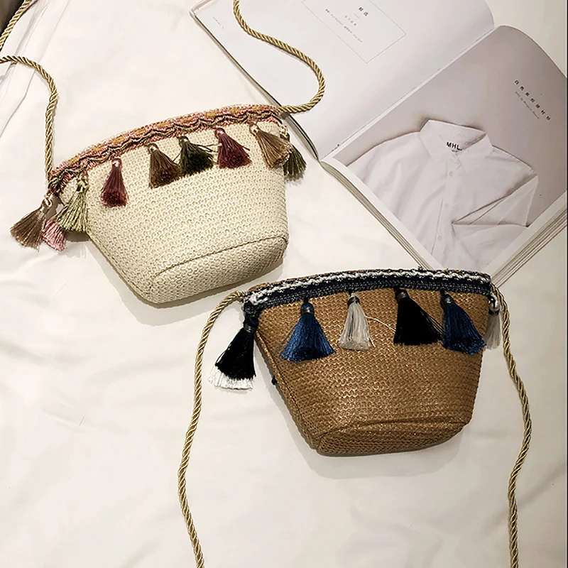 Новая женская мини маленькая соломенная сумка летняя сумка-ведро с кисточкой и