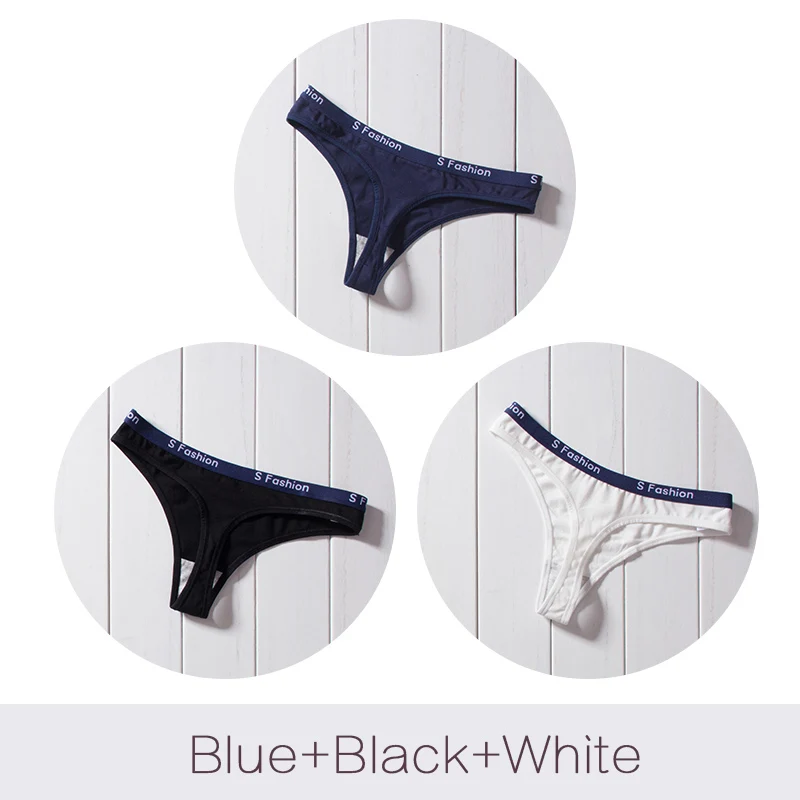 Blue Black White Сексуальные хлопковые трусики-стринги, женское нижнее белье, низкая талия, Т-образный вырез, для женщин, мягкое женское нижнее белье, DULASI, 3 шт./лот, трусы - Цвет: Blue Black White
