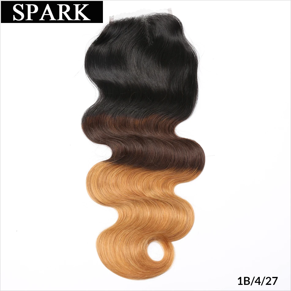 Spark Ombre бразильские волнистые человеческие волосы 4*4 Кружева Закрытие свободная