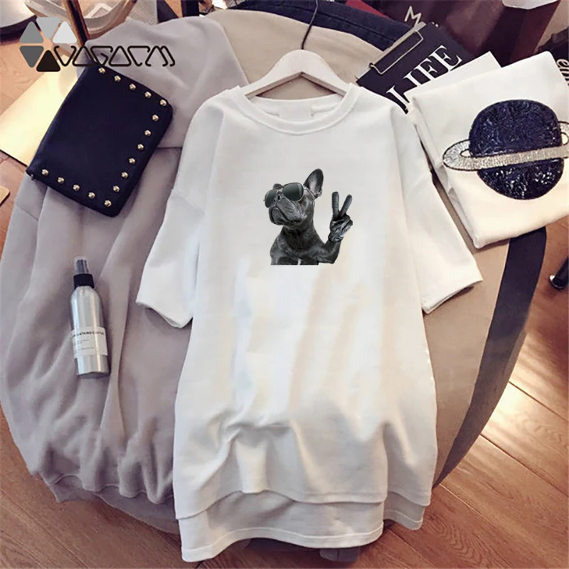 

Plus Size Vintage Women Dress Animal Print Cartoon Funny Dog Short Sleeve Tops White Clothes Casual Loose Mini Dresses Fashion