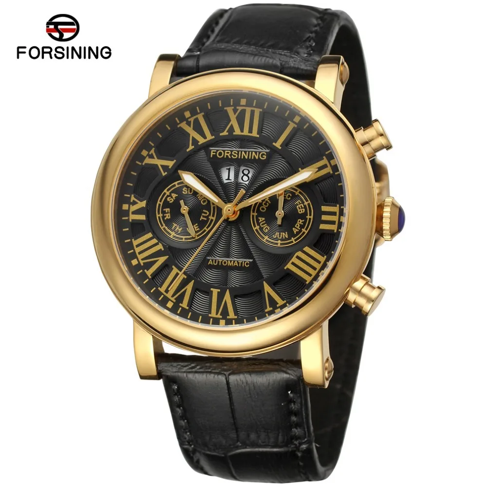 Stainless Steel Case Gold Color Bezel Genuine Leather Month Day Week Function relogio automatico masculino watch /FSG9407M3G2 | Наручные