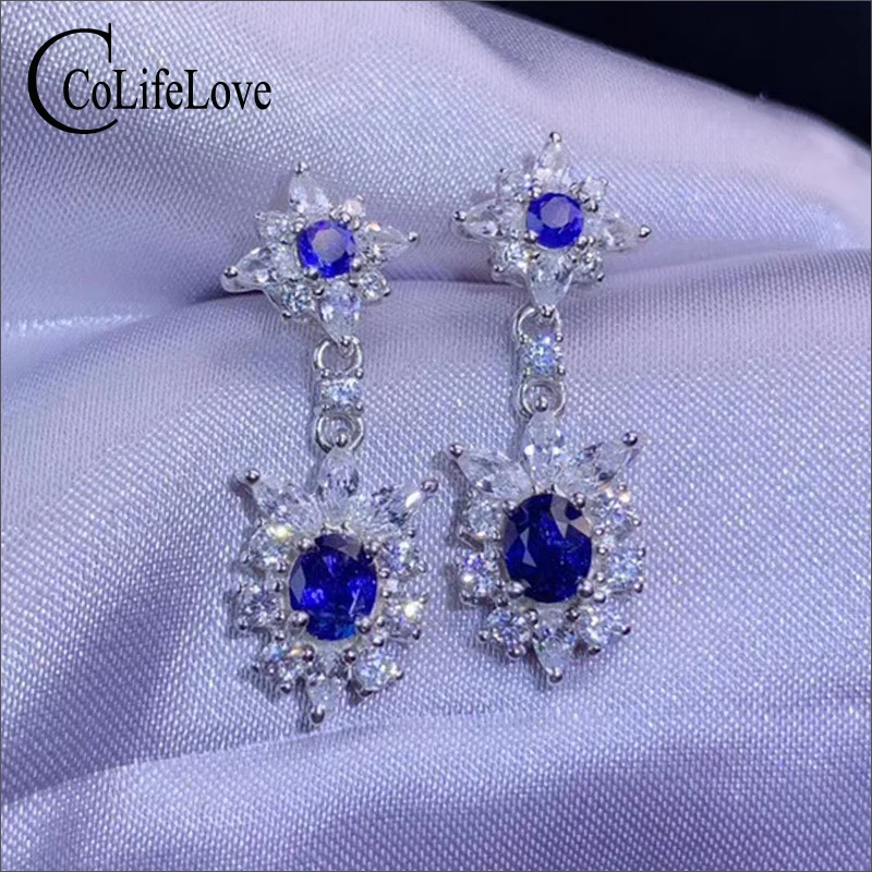 Серьги-подвески из серебра 925 пробы с натуральным сапфиром 4 шт. | Украшения и