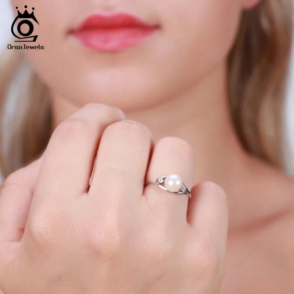ORSA JEWELS кольцо твердое Серебряные кольца для Для женщин из натурального пресноводного жемчуга кольцо AAA CZ Регулируемый девушка Юбилей подарок SR76
