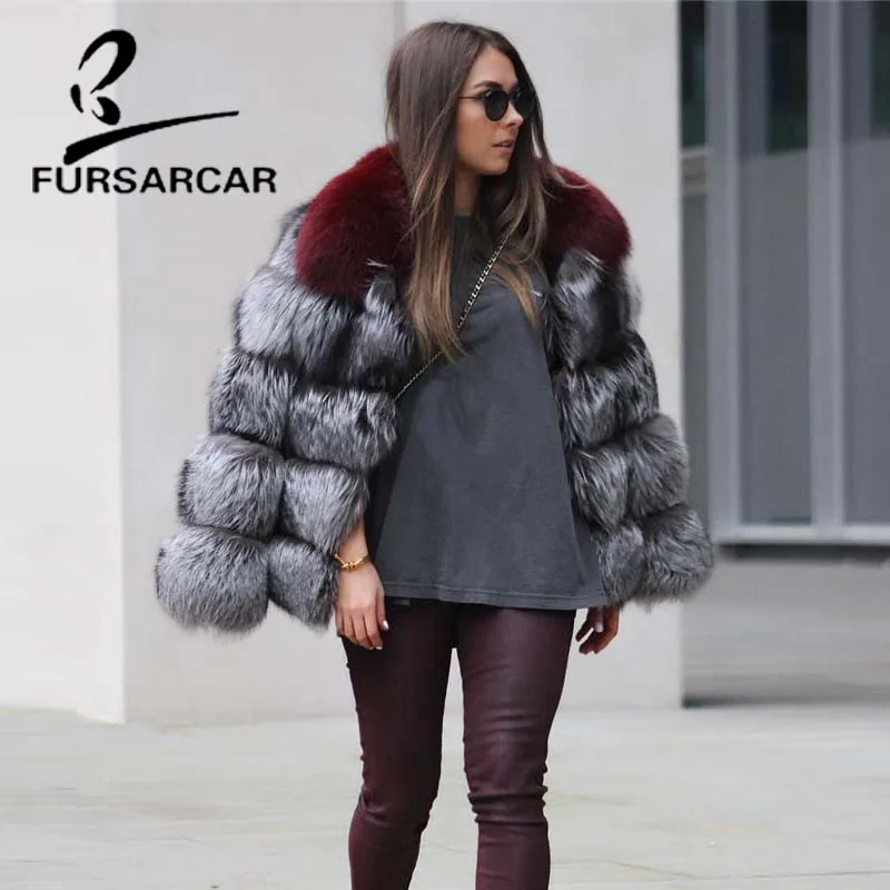 FURSARCAR 2018 Новый натурального Меха чернобурки пальто с отложной воротник 60 см
