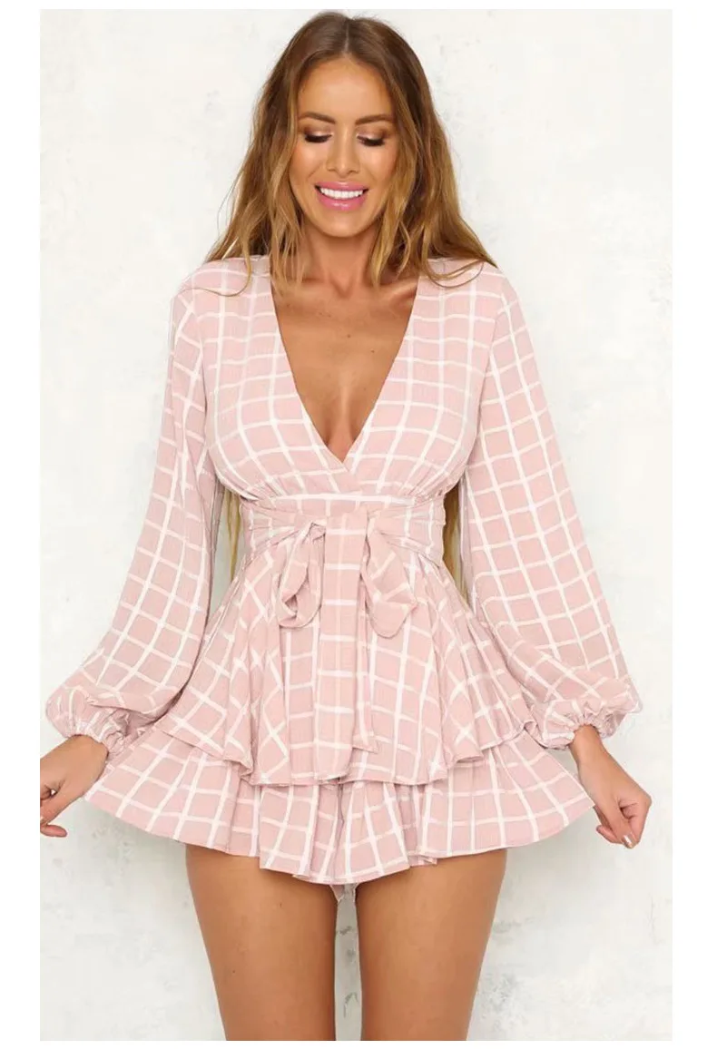 White Ruffle Plaid Jumpsuits Rompers Spaghetti Strap Cross Back Bow Tie Waist Skorts Playsuit Girl Summer Beach Overalls