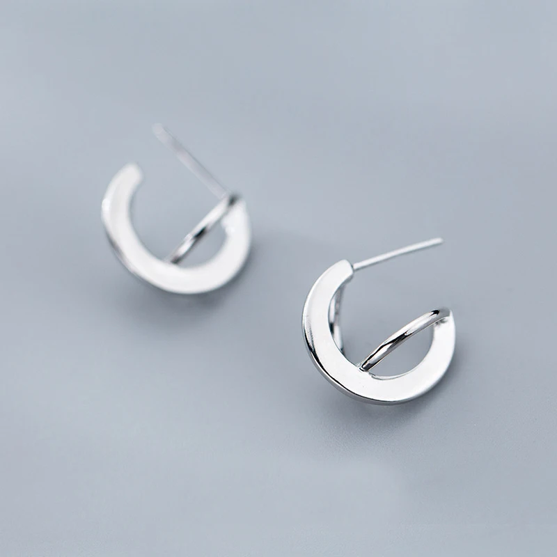 

MloveAcc Authentic 925 Sterling Silver Half Circle Shape Stud Earrings for Girls Women Brincos Fine Jewelry Bijoux