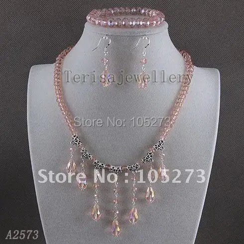 Потрясающий! набор ювелирных изделий из кристаллов AA 6x8mm ожерелье розовых &