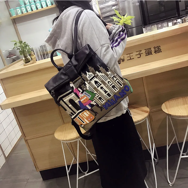 Women Leather Patchwork Embroidery Backpack Schoolbag Travel Bag Totes Braccialini Brand Style Design Art Cartoon Shopping Girl