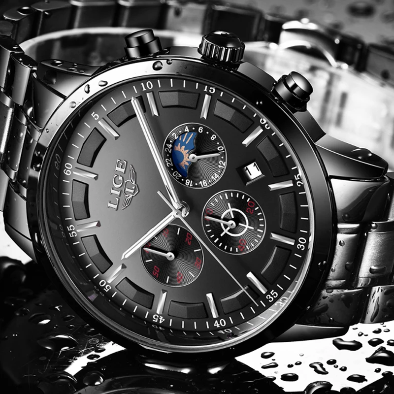 2018 мужские часы Moon Phase LIGE хронограф Топ бренд класса люкс модные стальные военные